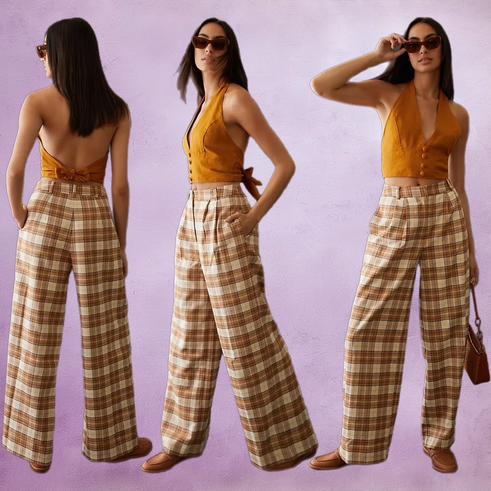 hutch x anthro • plaid wide-leg trousers neutral motif 2